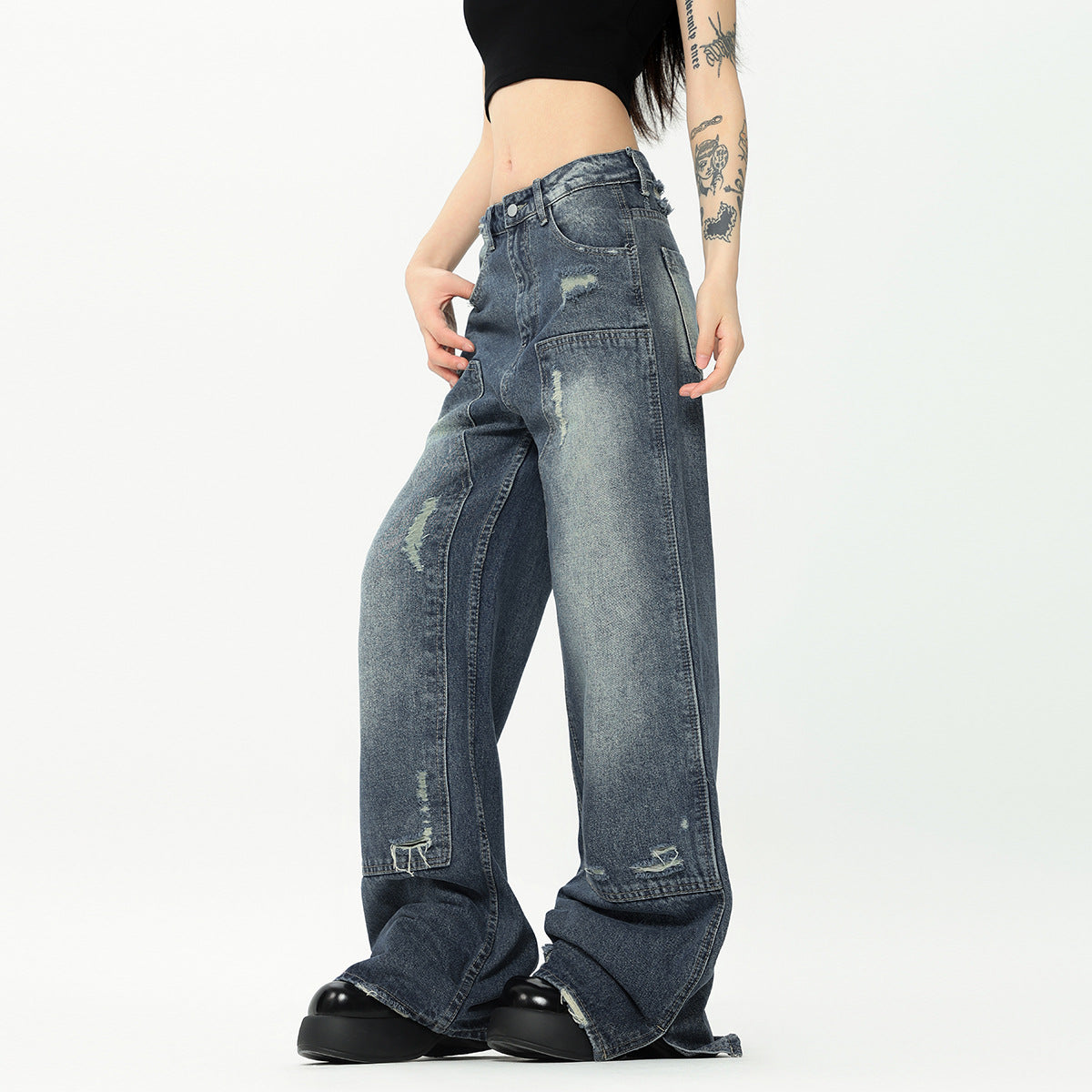 Washed And Frayed High Street Jeans Stitching American Straight