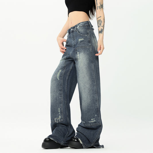 Washed And Frayed High Street Jeans Stitching American Straight