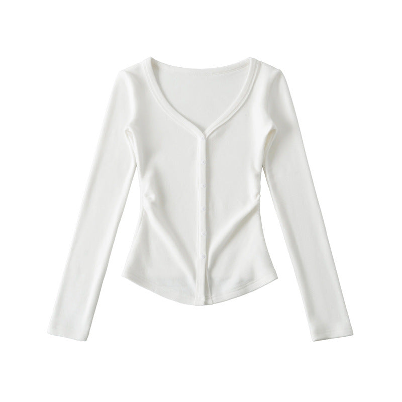 Macaron-colored V-neck Button-front Waist-cinching Top With Long Sleeves