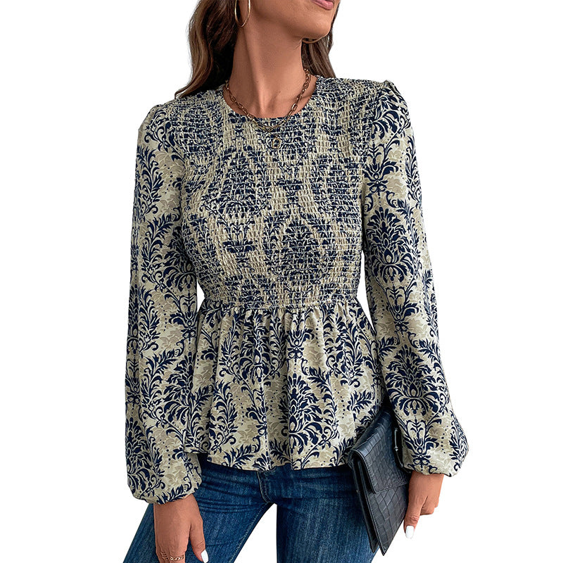 Dame Top Smock Detalje Slim Fit Rund Hals Lange Ærmer Printet