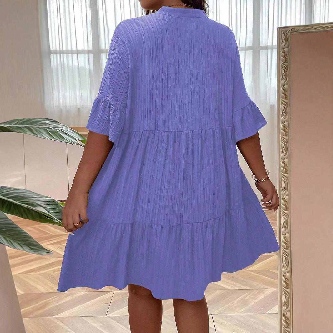 Women's V-neck Buttoned Long-Sleeve Flare-Sleeve Dress