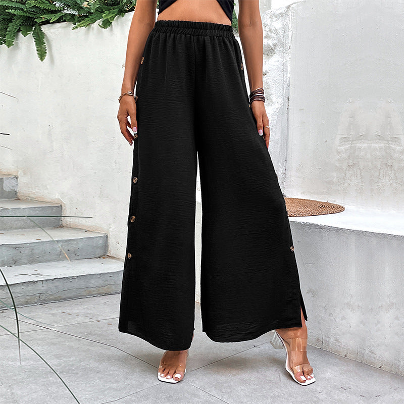 Black Wide-leg Split Pants For Women Loose-fitting For Summer