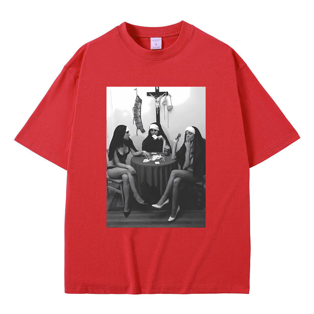 Nuns Naked Playing Card Smoking Drinking Funny Meme T-Shirt