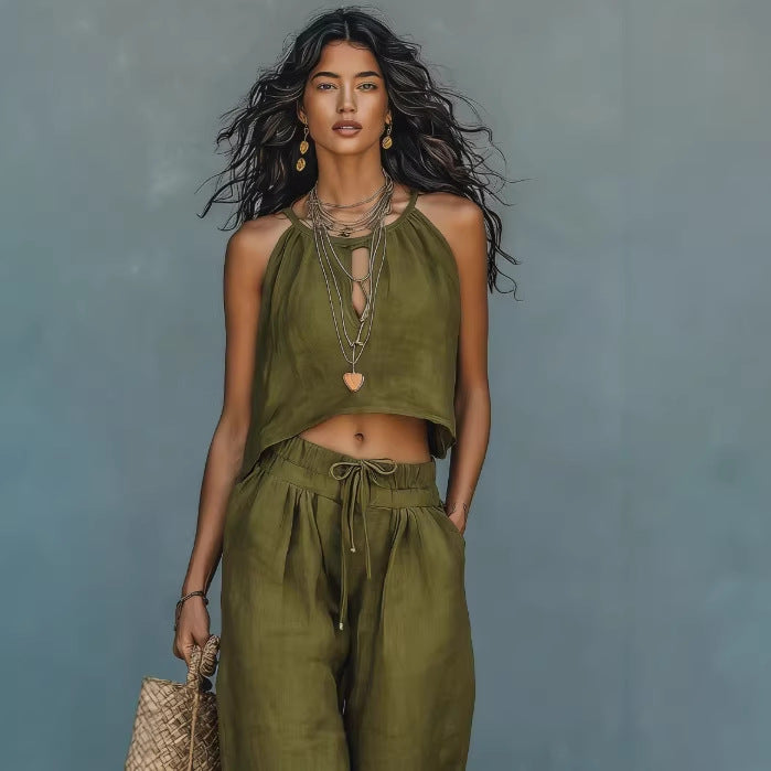 Women's Sleeveless Tank Top And Wide-Leg Pants Set