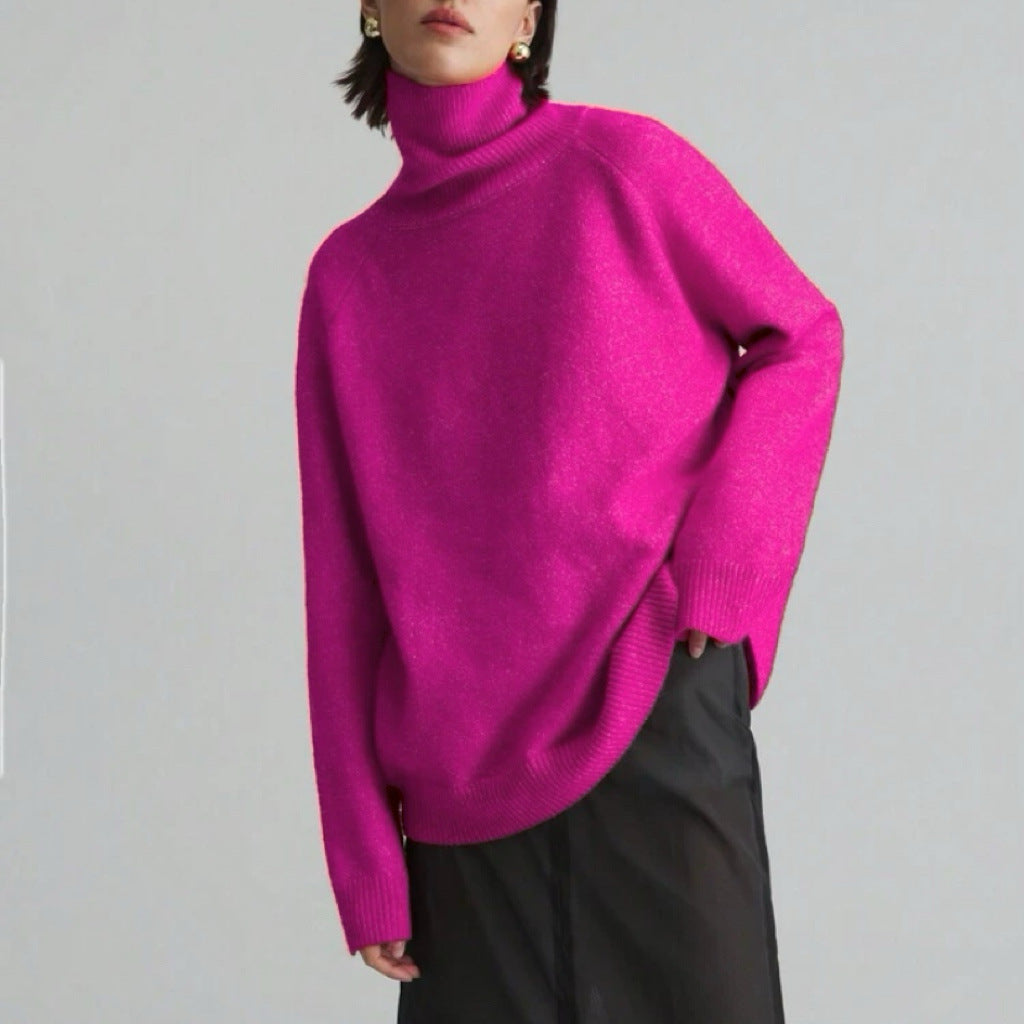 Loose Fitting High Neck Solid Color Sweater