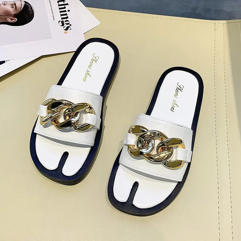 Casual One-word Female Drag Metal Chain Lazy Sandals