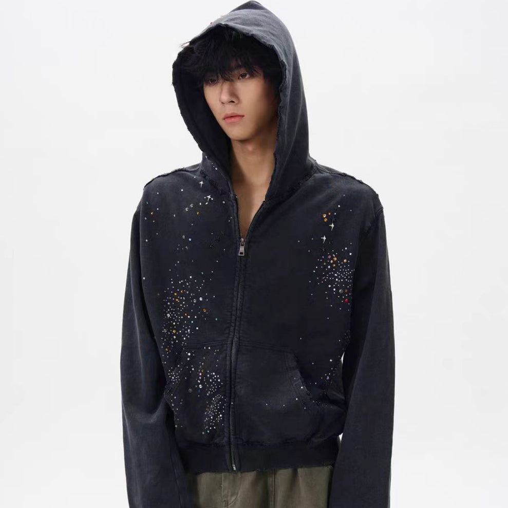 Men's Retro Rhinestone Zipper Hoodie Coat