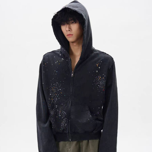 Men's Retro Rhinestone Zipper Hoodie Coat