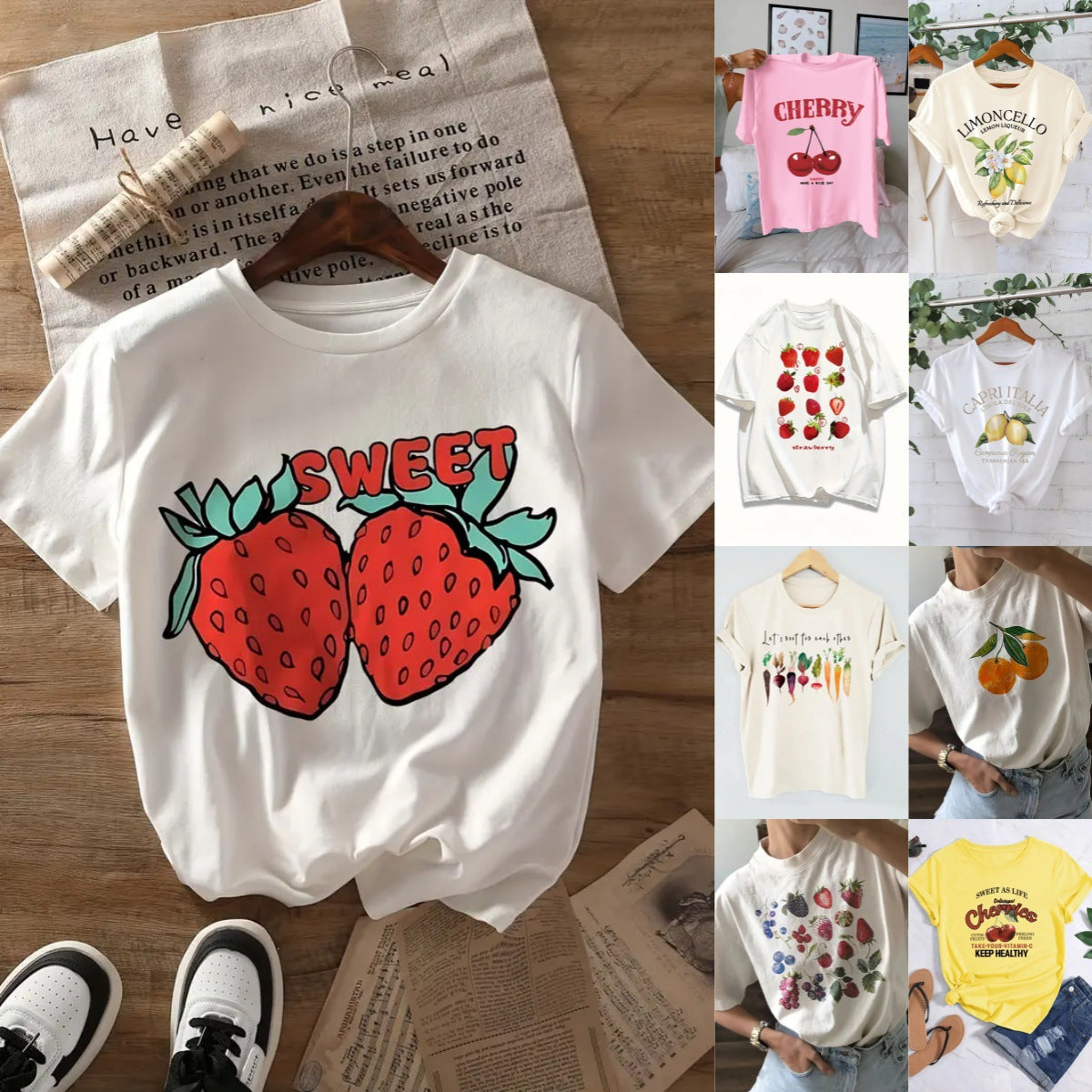 Fruit Strawberry Round Neck Short Sleeve Top For Women