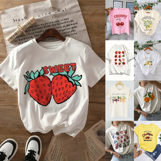 Fruit Strawberry Round Neck Short Sleeve Top For Women
