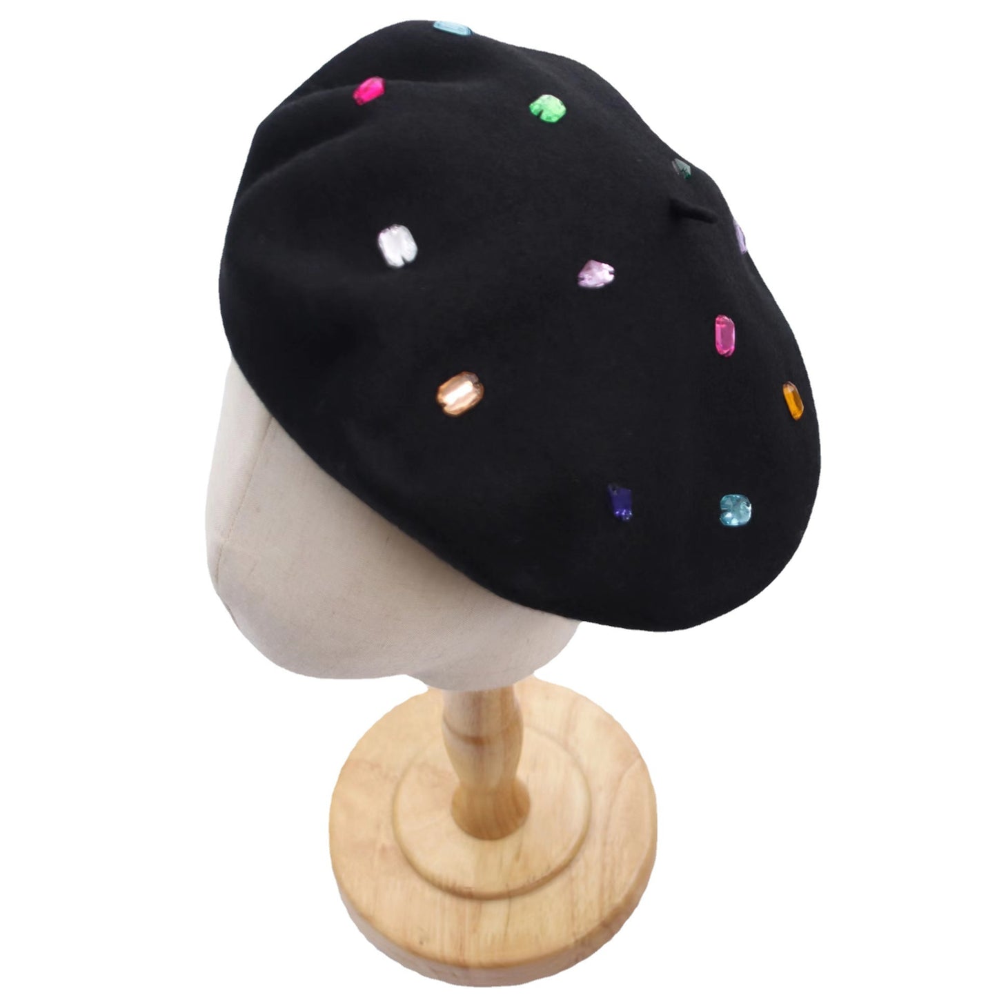 Retro Fashion Big Head Circumference Cloud Cap Color Rhinestone Wool Beret