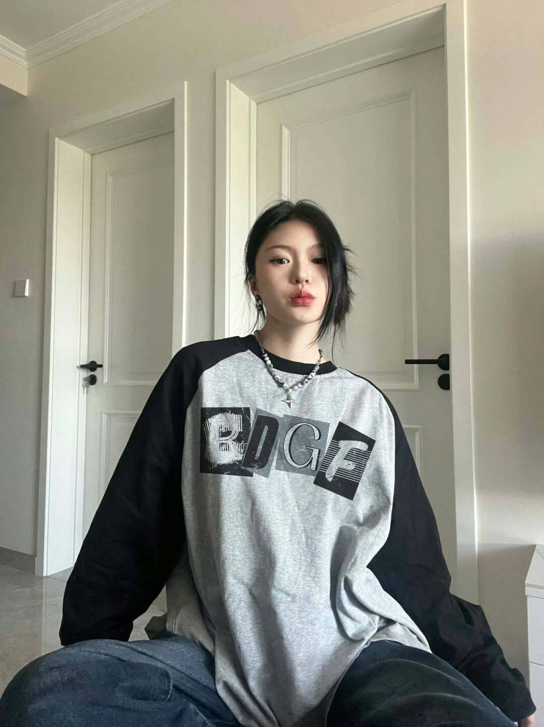 Female Black And Gray American-style Long-sleeved T-shirt Oversize Top