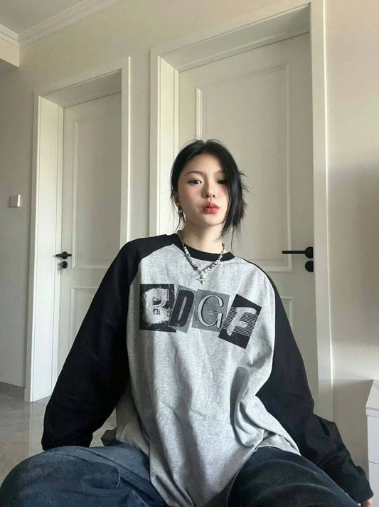 Female Black And Gray American-style Long-sleeved T-shirt Oversize Top