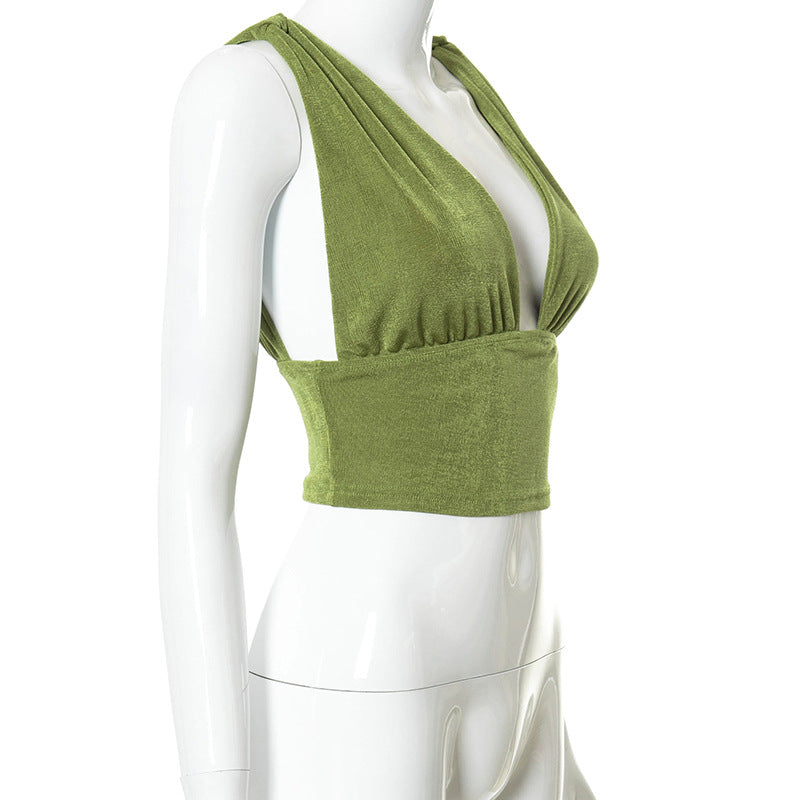 Sleeveless V-neck Revealing Navel And Back  Slim Body