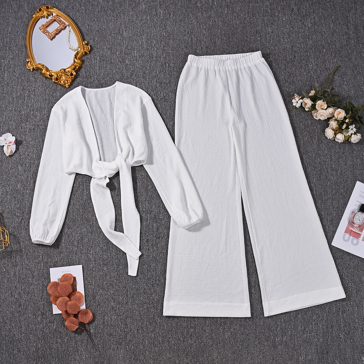 Lace-up Cropped Cardigan With Ruched Long Sleeves And Matching Long Pantstwo-piece Set
