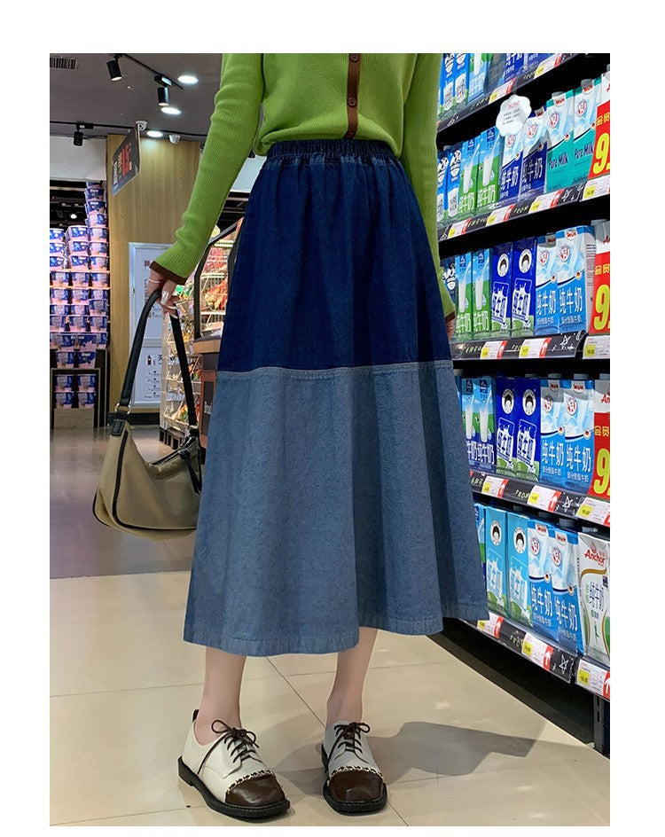 Women's Spring Plus Size Retro Blue Stitching High Waist Denim Skirt
