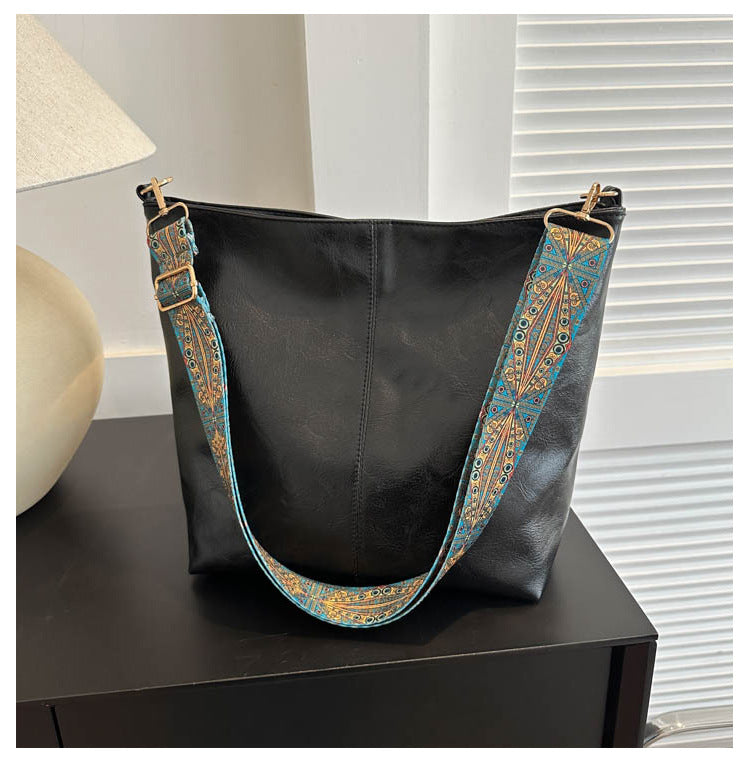 Skuldertaske til damer med bred skulderrem i etnisk stil, Ins stor kapacitet, spandformet skuldertaske, modetaske