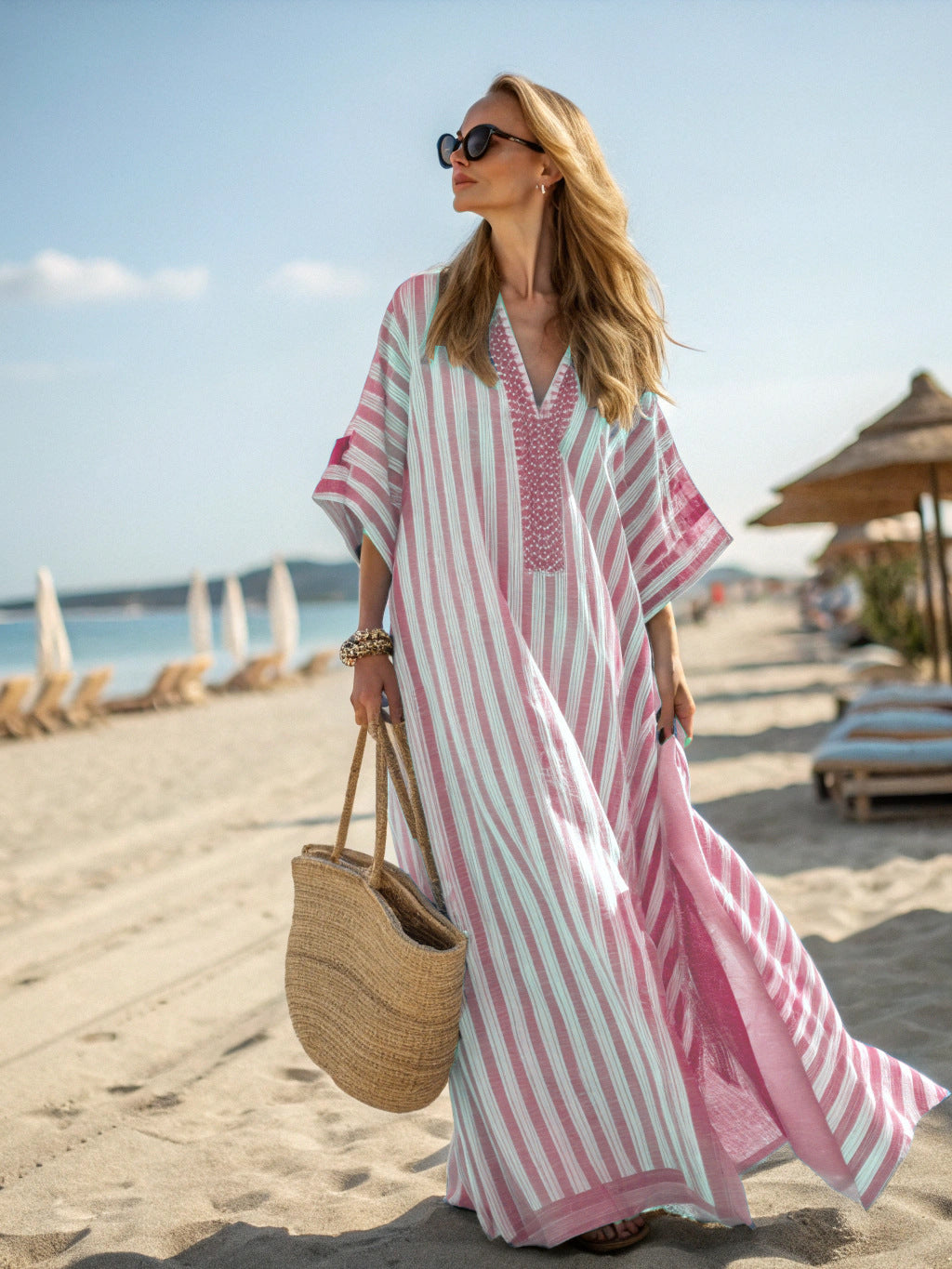 Five-quarter-sleeve Long Caftan Dress With Patch Pockets