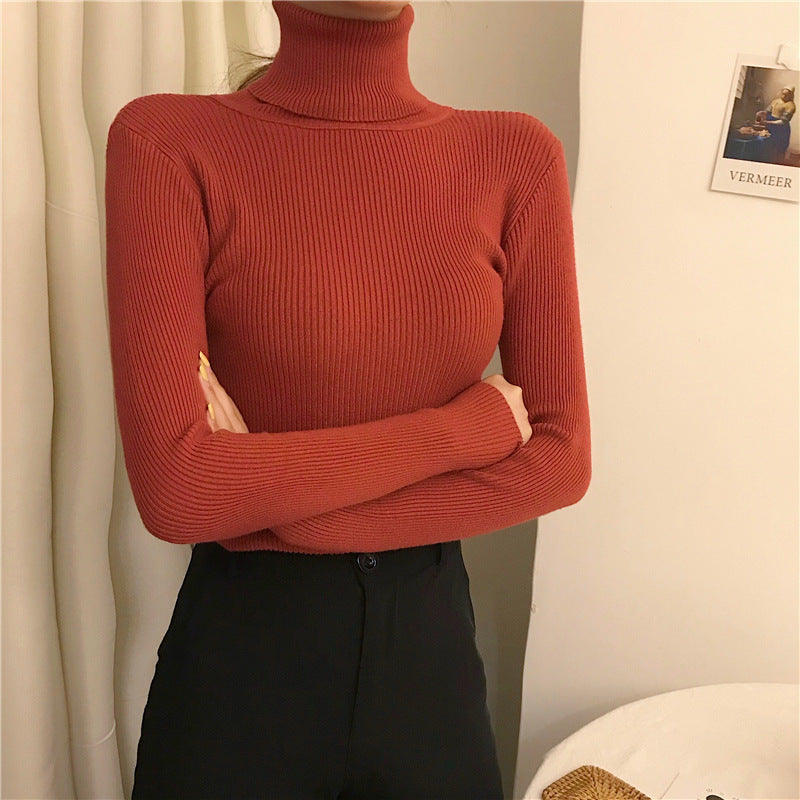 Slim-fit Solid-color Pullover Form-fitting Turtleneck Sweater