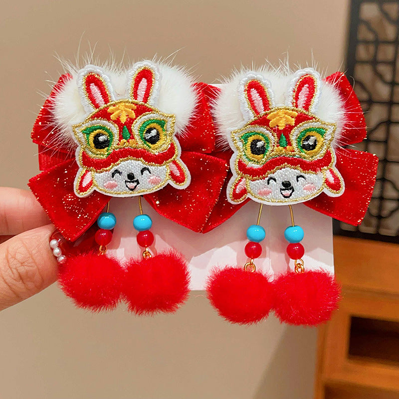 Chinese-style Lion Dance Bow-tie Tassel Pom-pom Hair Clip For Kids