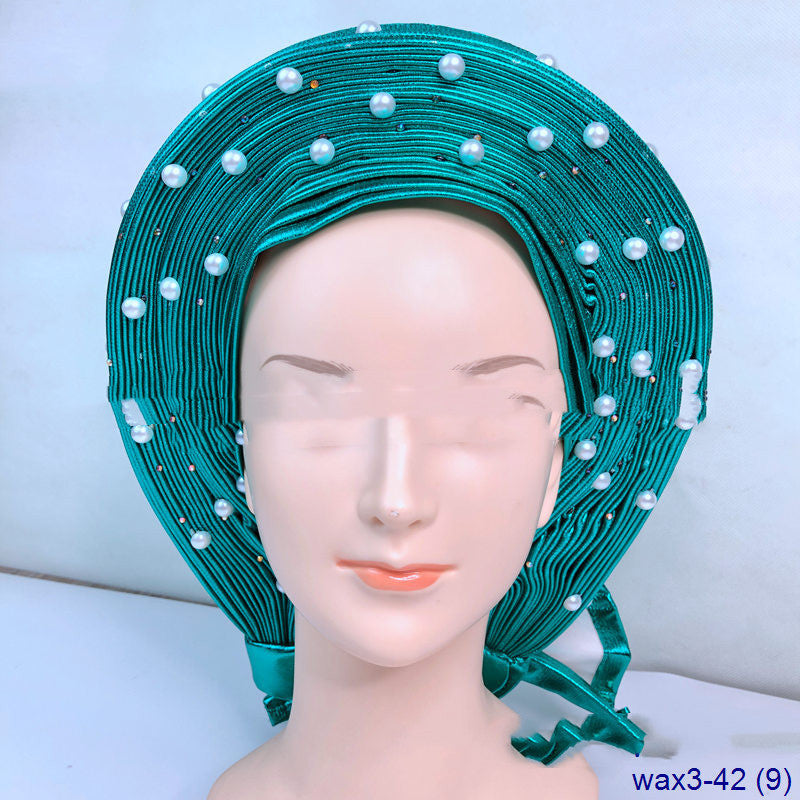 Arabian Large Pearl Women's Jacquard Pleated Braided Turban