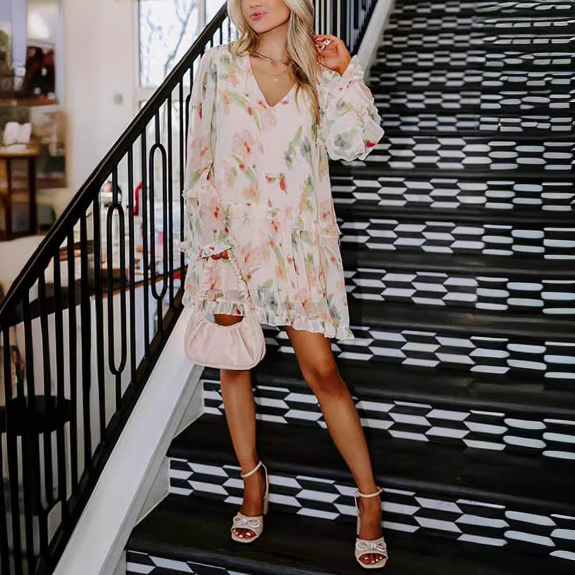 Womens Loose Mini Dress With Double-Layer V-Neck And Print