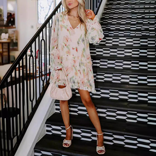 Womens Loose Mini Dress With Double-Layer V-Neck And Print
