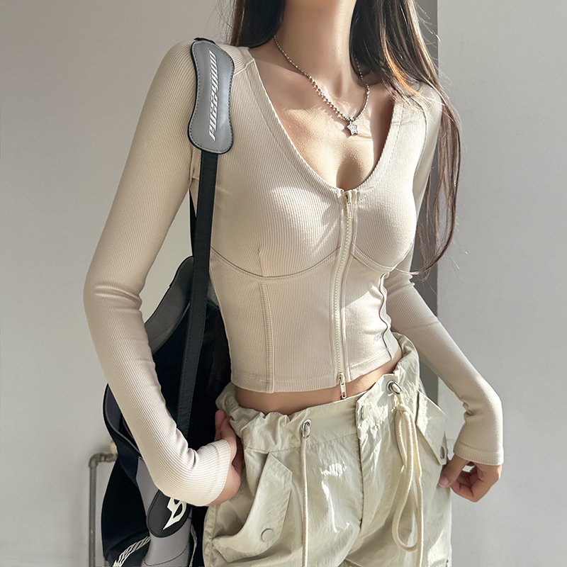 Women's Casual Solid Color Zipper Fishbone V-neck Long Sleeved Shirt