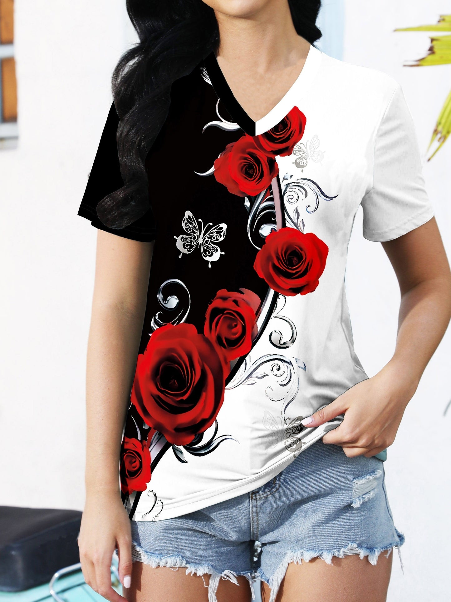 Elegant V-neck Rose Butterfly Printed Short Sleeved T-shirt