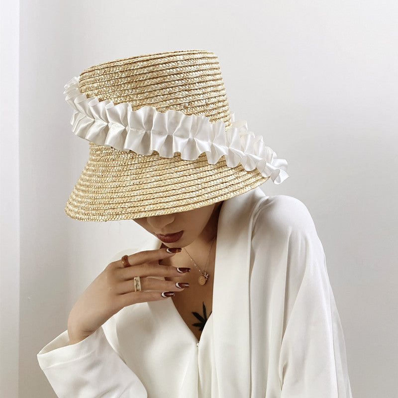 Pleated Lace Straw Bucket Hat
