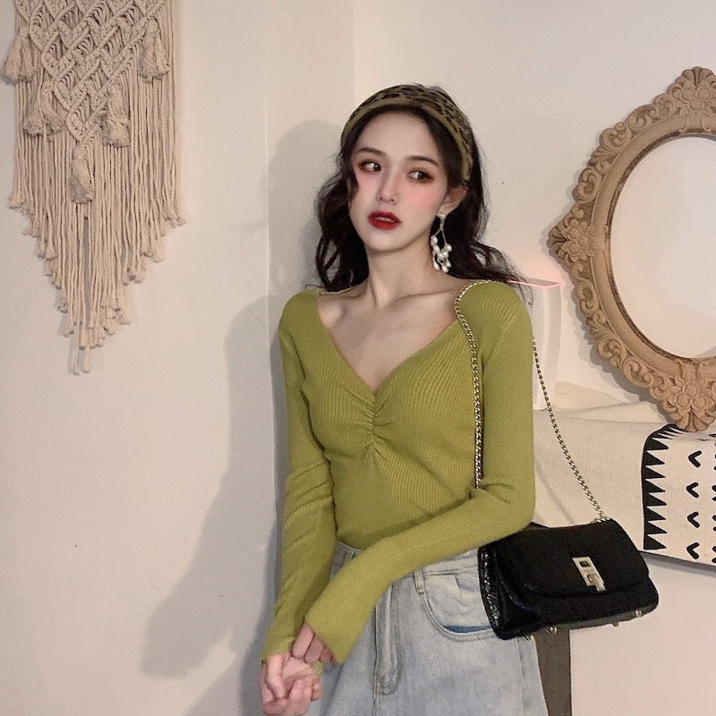 Pleated V-neck Knitted Bottoming Shirt Long Sleeve Sweater