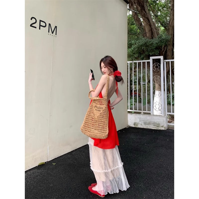 Loose-fitting Halterneck Sleeveless Camisole Womens Mesh A-line Skirt Two-piece Set