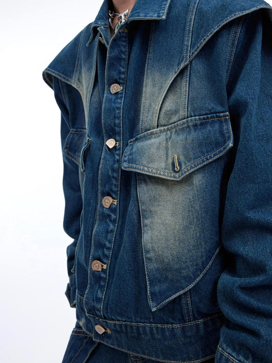 Niche Double-layer Design Short Denim Coat Blouse And Pants