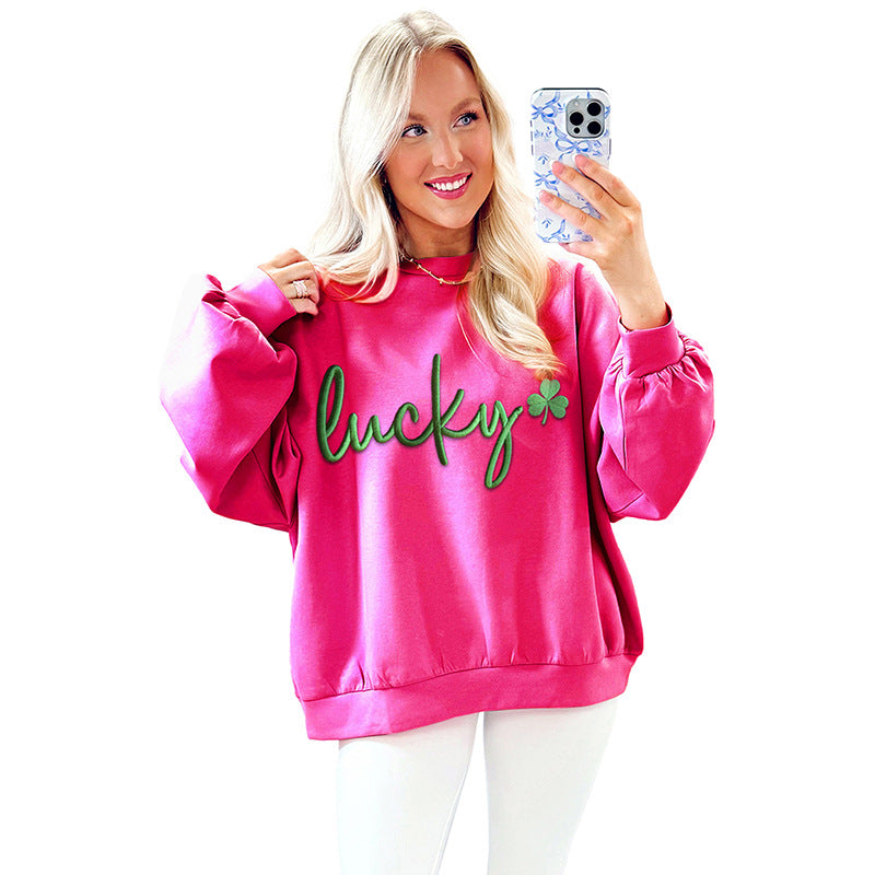 Womens Color-Block Letter Embroidery Crewneck Sweatshirt
