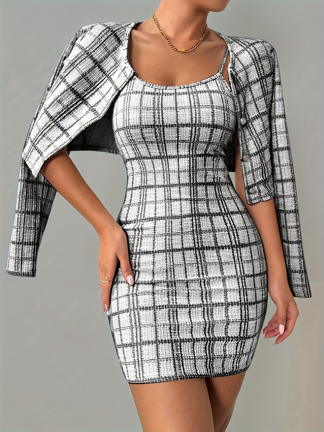 Womens Plaid Long-Sleeve Jacket And Suspender Skirt Set