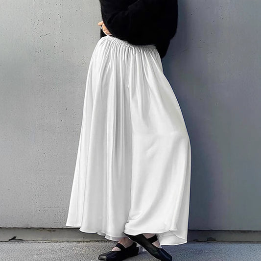 White Satin Draped High-waisted Midi Skirt