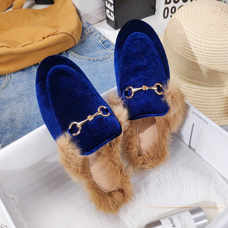 Rabbit Fur Fleece Toe Half Slippers Women All Match Flat Bottom
