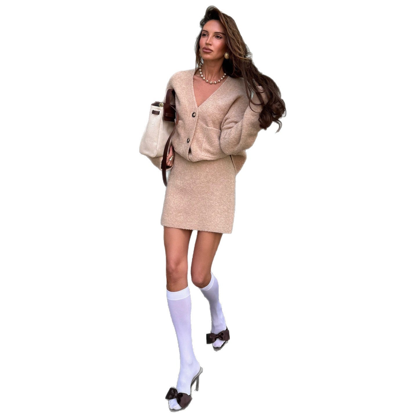 New Woolen Skirt Set V-neck Loose Top Coat Mid-waist A-line Short Skirt Two-piece Set