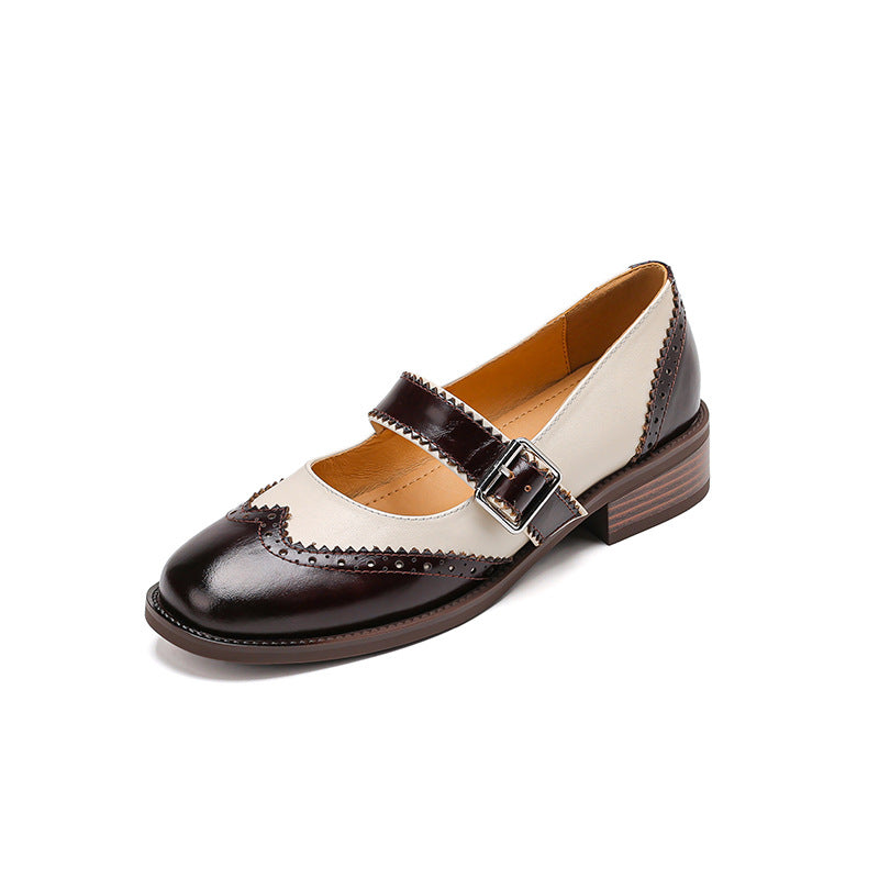 Square Head Female Color-blocking Leather Shoes Middle Documentary