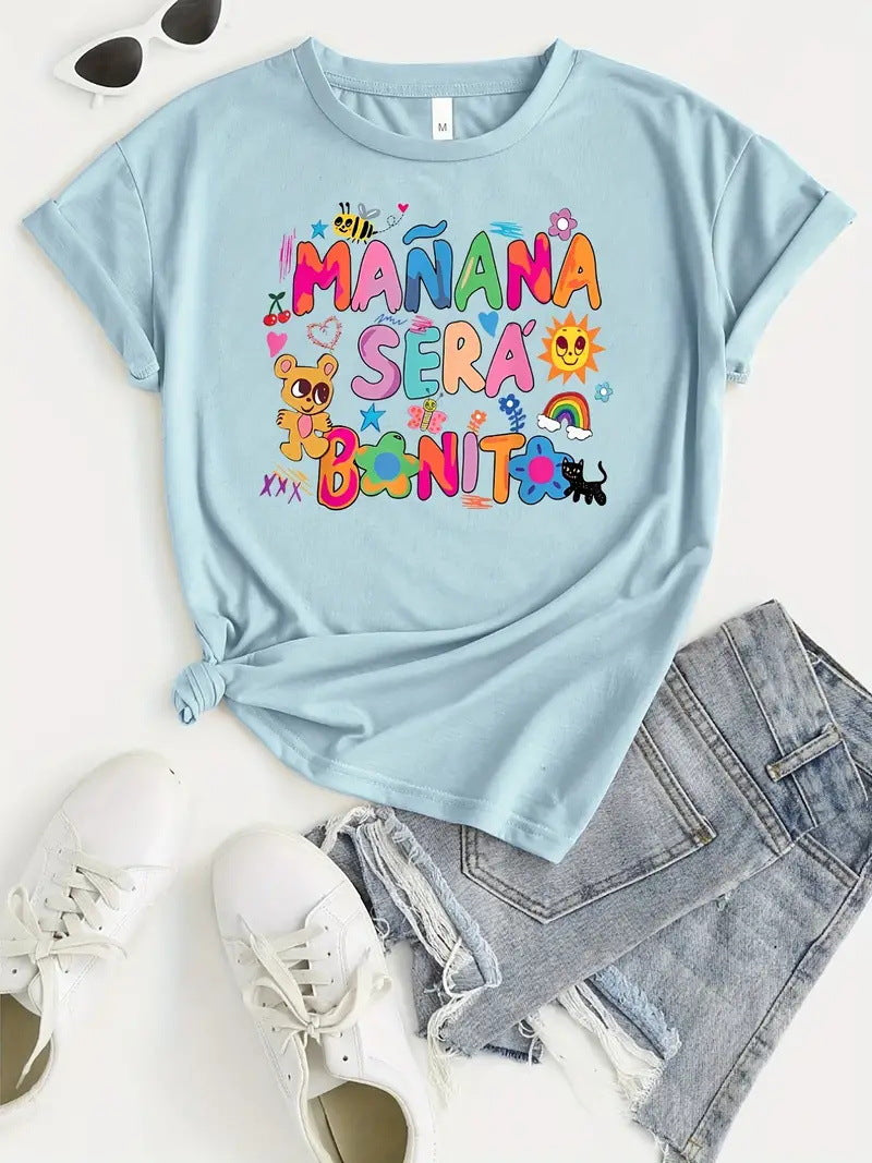 Round Neck Bear Letter Pattern Printed Short Sleeve