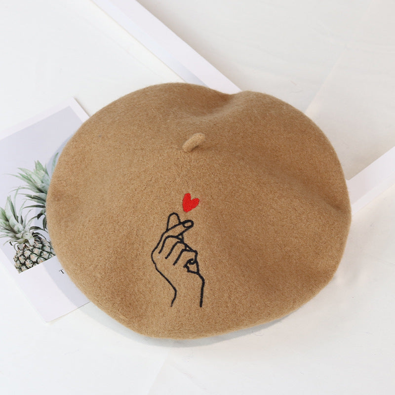 Stitched Ins Style Wool Knit Beret Women's Embroidered Hat
