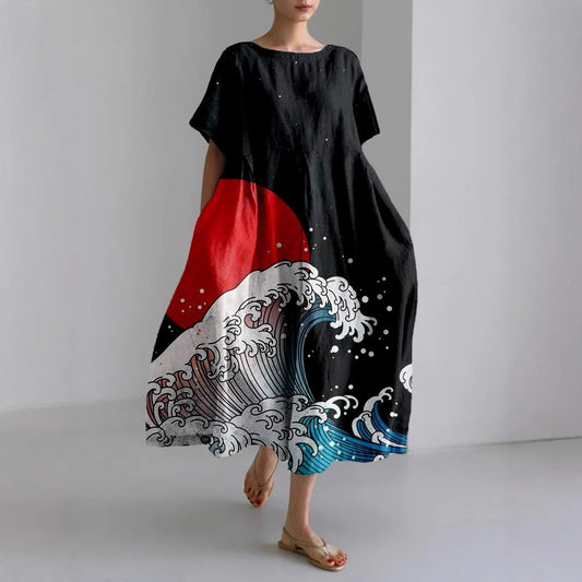 Womens Casual Short-Sleeve Loose Dress With A Crew Neck And Digital Print Pattern