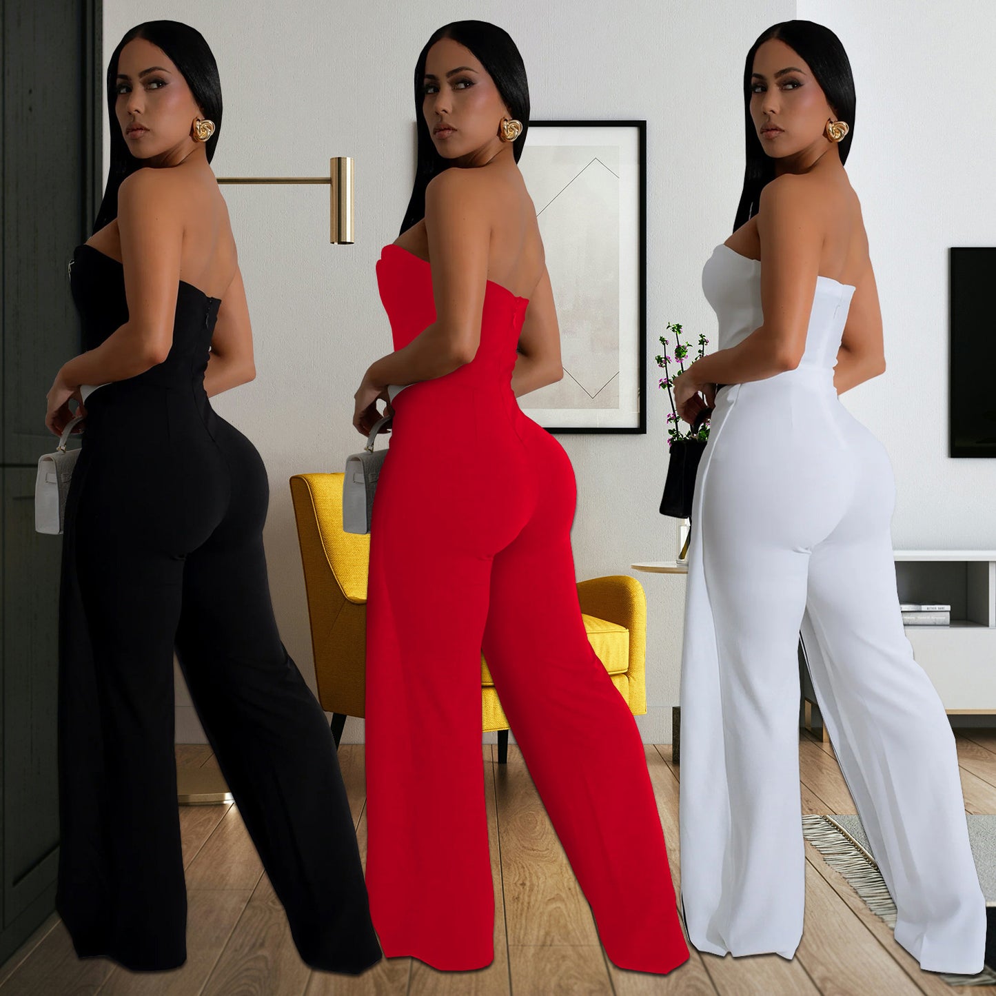 Fashion Women's Wear Sexy Tube Top Arm Covering Backless Button Jumpsuit