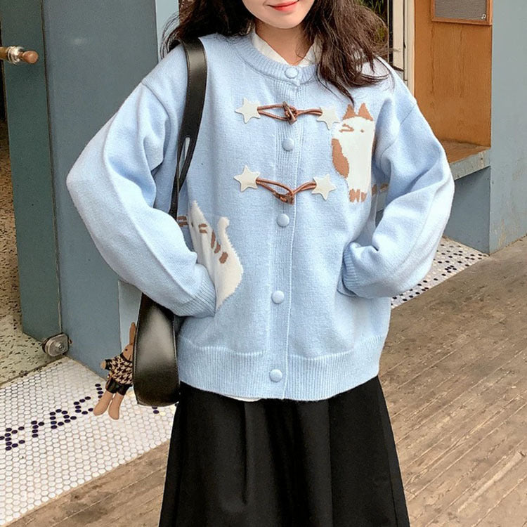 Japanese Style Sweet And Cute Cartoon Jacquard Horn Button Knitted Cardigan