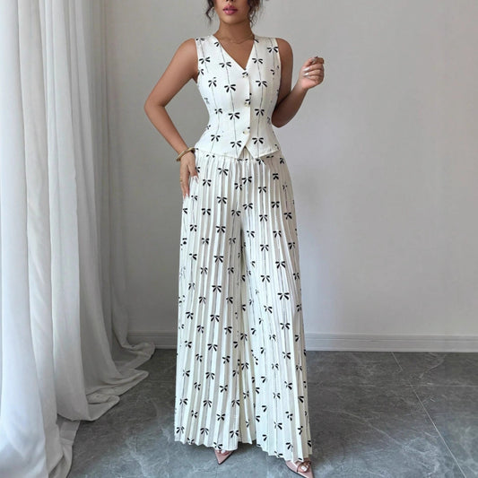 Sleeveless Fitted Vest Top And High-waisted Wide-leg Pants Two-piece Set