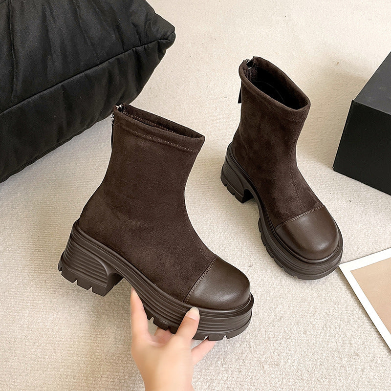 Retro Chunky Heel Versatile High-rise Suede Smoke Tube Boots