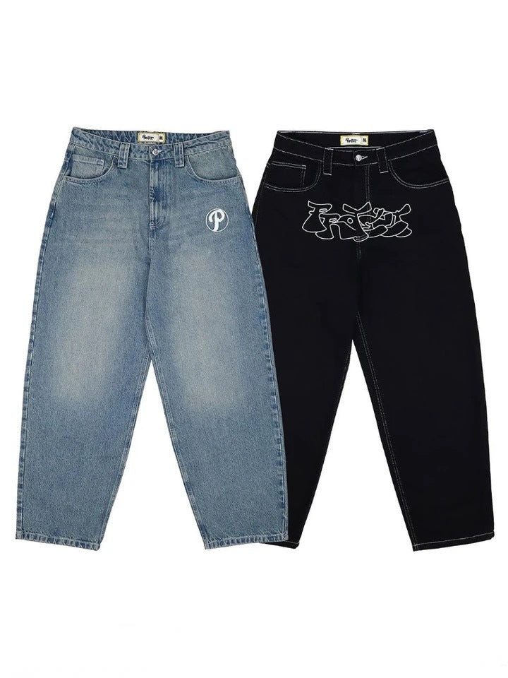 Amerikansk Gade Baggy Afslappet Retro Hip Hop Print Stilfuld Mode Højtaljede Jeans til Mænd