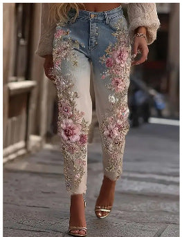 Womens Colorful Floral Loose-fit Jeans