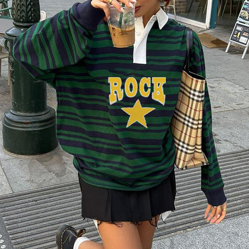 Personality Street College Striped Pentagram Print Sweatshirt