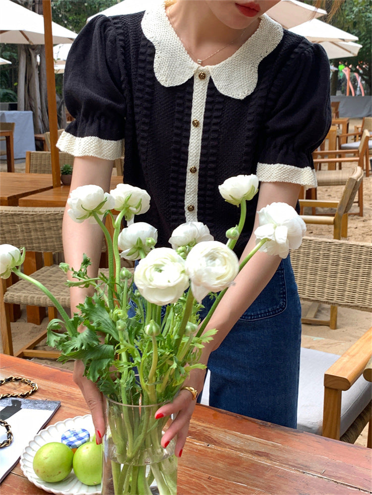 Sweet Temperament Doll Collar Contrast Color Short Sleeve Knit Women's